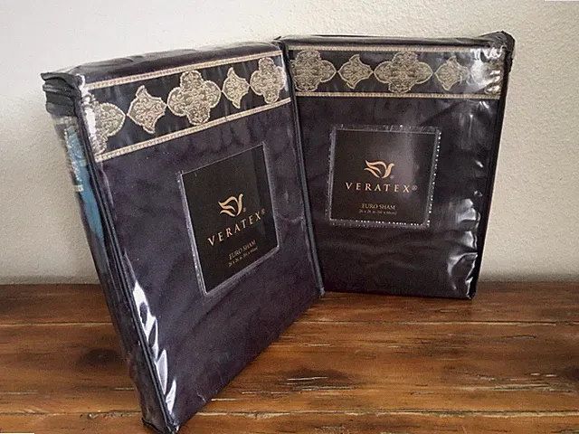 2 Veratex Alamosa European Pillow Shams Pair Black Velvet Tan Embroidery