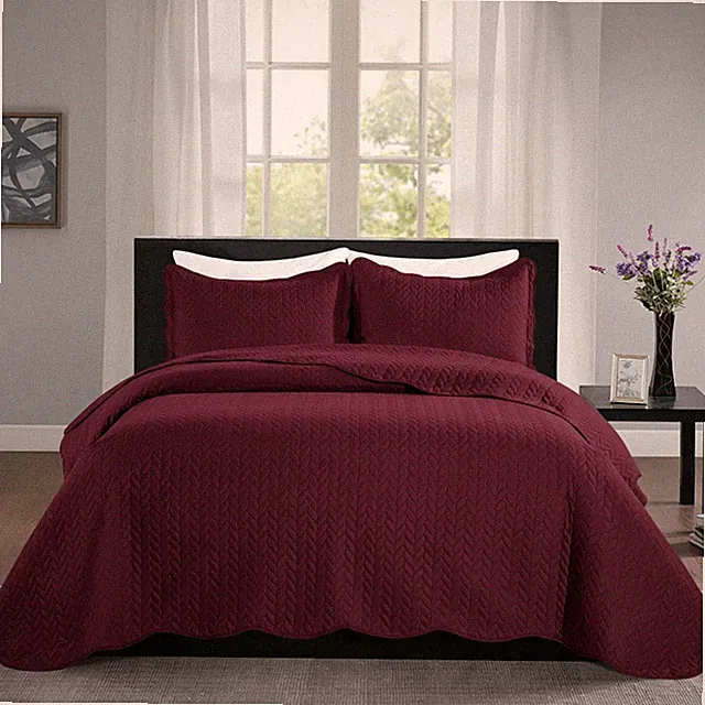 3 Piece Burgundy Quilted Bedspread Soft Embossed Comforter Set Twin Queen King