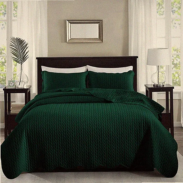 3 Piece Green Quilted Bedspread Twin Queen King Size Embossed Coverlet Bed Throw