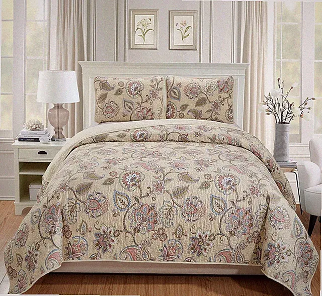 3pc Full/Queen Bedspread Quilt Set Floral Beige Pink Blue Taupe Green Flowers Le