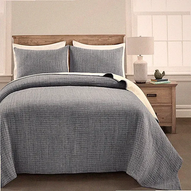 3pc King Solid Kantha Pick Stitch Yarn Dyed Cotton Woven Quilt/Coverlet Set