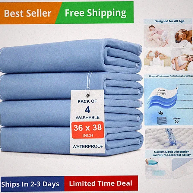 4 Pack 36" x 38" Large Absorbency Incontinence Bed Pads - Quick Drying Washab...