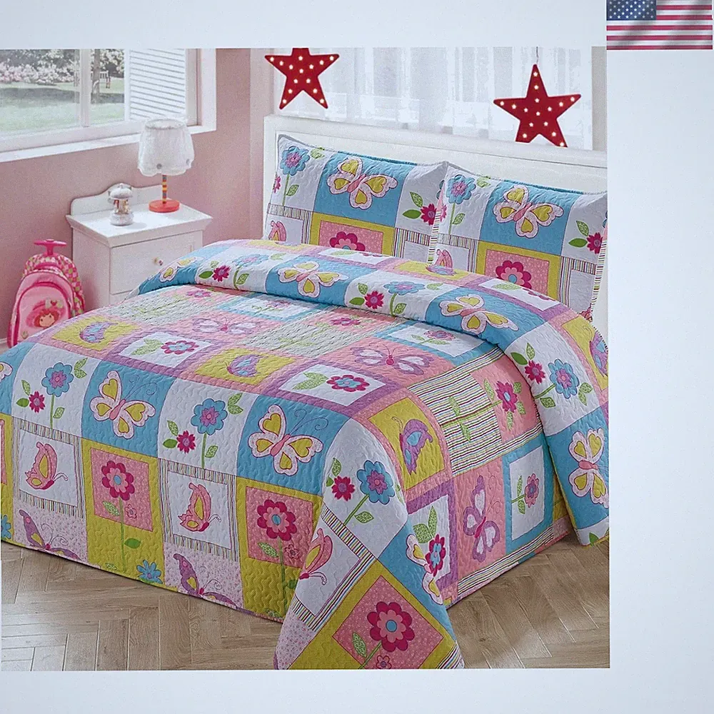 Bedspread Coverlet Quilt Set for Girls Patchwork Butterfly Flowers White Purp...