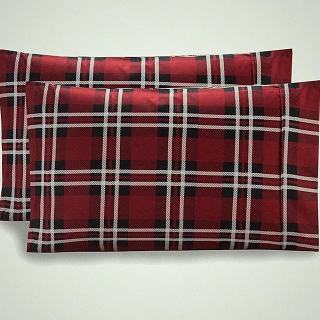 Classic Design Burgundy Plaid Queen Pillowcases - Egyptian Microfiber, 2-Pack