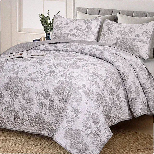 Grey Quilt Set King Size, 3 Pieces Botanical Bedspreads Set Lightweight Micro...