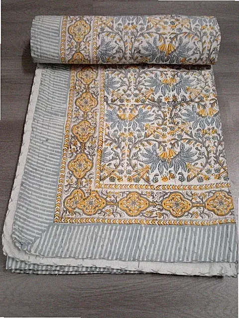 Indian Hand Block Print King Size Cotton Kantha Quilt Blanket Bedspread Throw