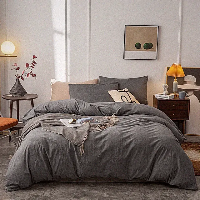 Janlive Washed Cotton Duvet Cover Oueen Ultra Soft 100% Cotton Solid Color Gr...
