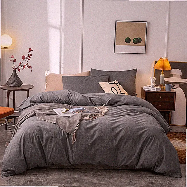 Janlive Washed Cotton Duvet Cover Oueen Ultra Soft 100% Cotton Solid Color Gray