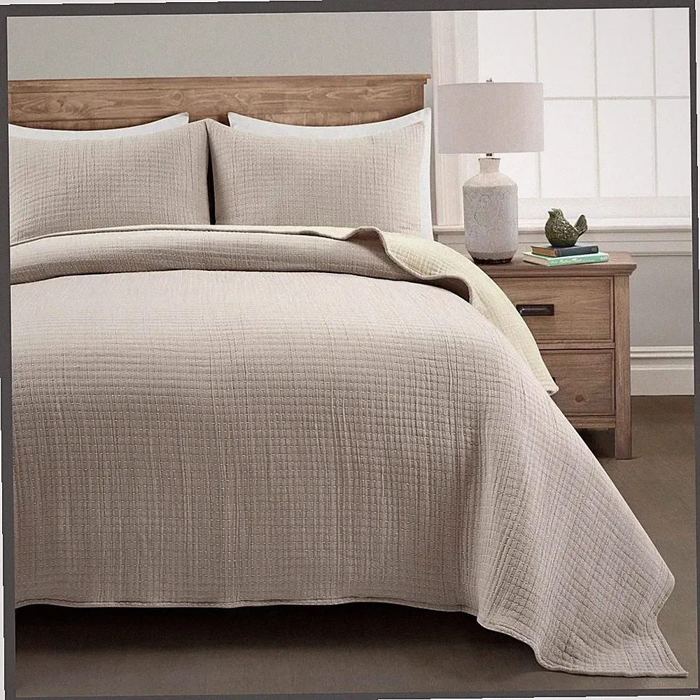 Lush Decor Cotton Quilt Set Kantha Pick Stitch Neutral/Off White King