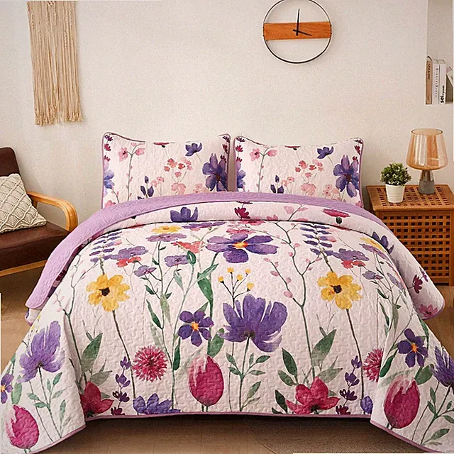 Purple Quilt Set Queen, Floral Pattern Microfiber Bedspreads Queen Size 3 Pie...