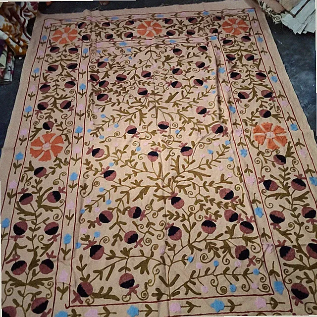 Vintage Style Suzani Hand Embroidery Cotton Bedspread Boho Rug Wall Hanging