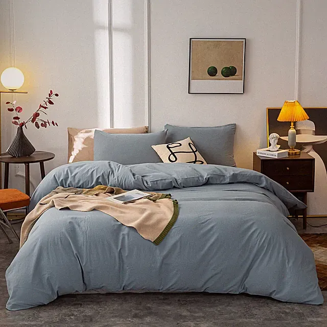 Washed Cotton Duvet Cover Full Ultra Soft 100% Cotton Solid Color Grayish Blu...