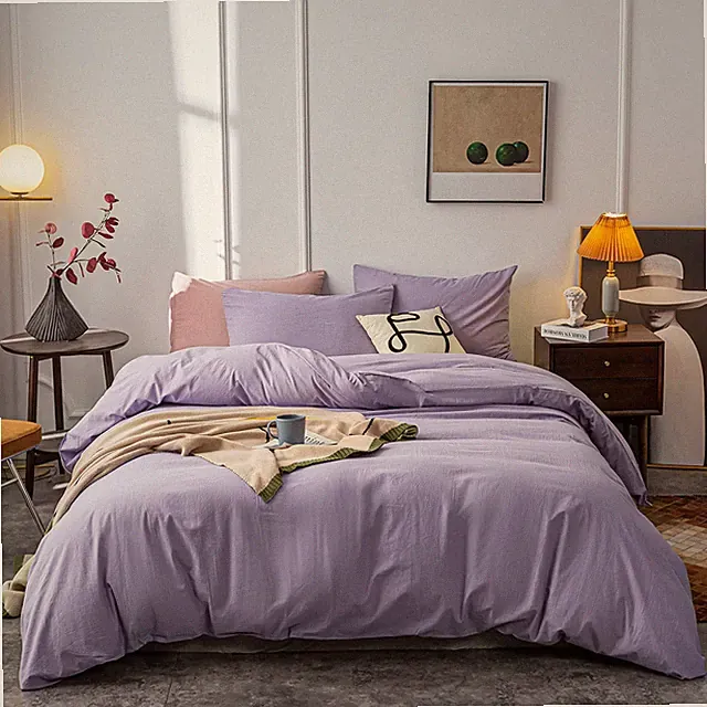 Washed Cotton Duvet Cover Full Ultra Soft 100% Cotton Solid Color Lavender Pu...