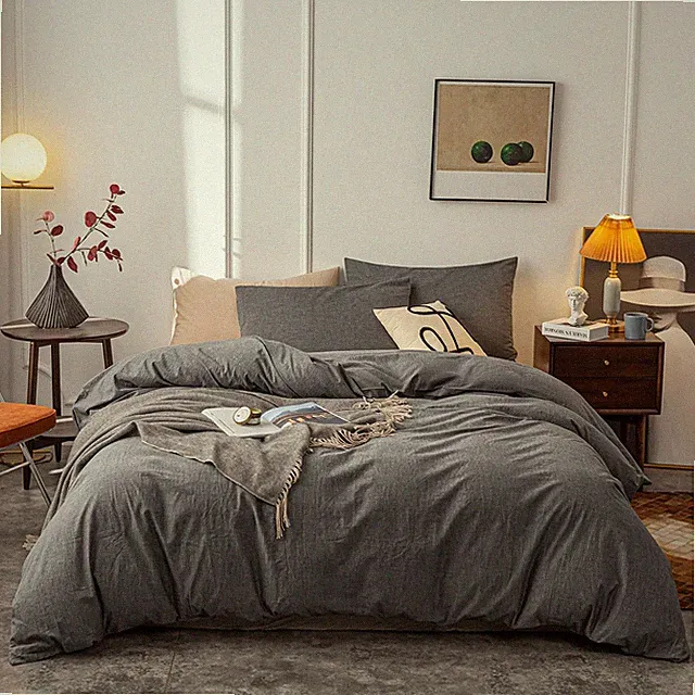 Washed Cotton Duvet Cover Oueen Ultra Soft 100% Cotton Solid Color Gray Duvet Co