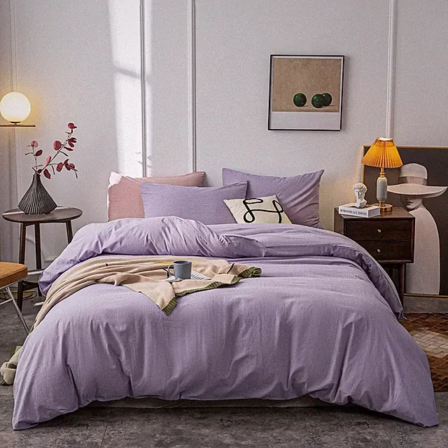Washed Cotton Duvet Cover Queen Ultra Soft 100% Cotton Solid Color Lavender P...